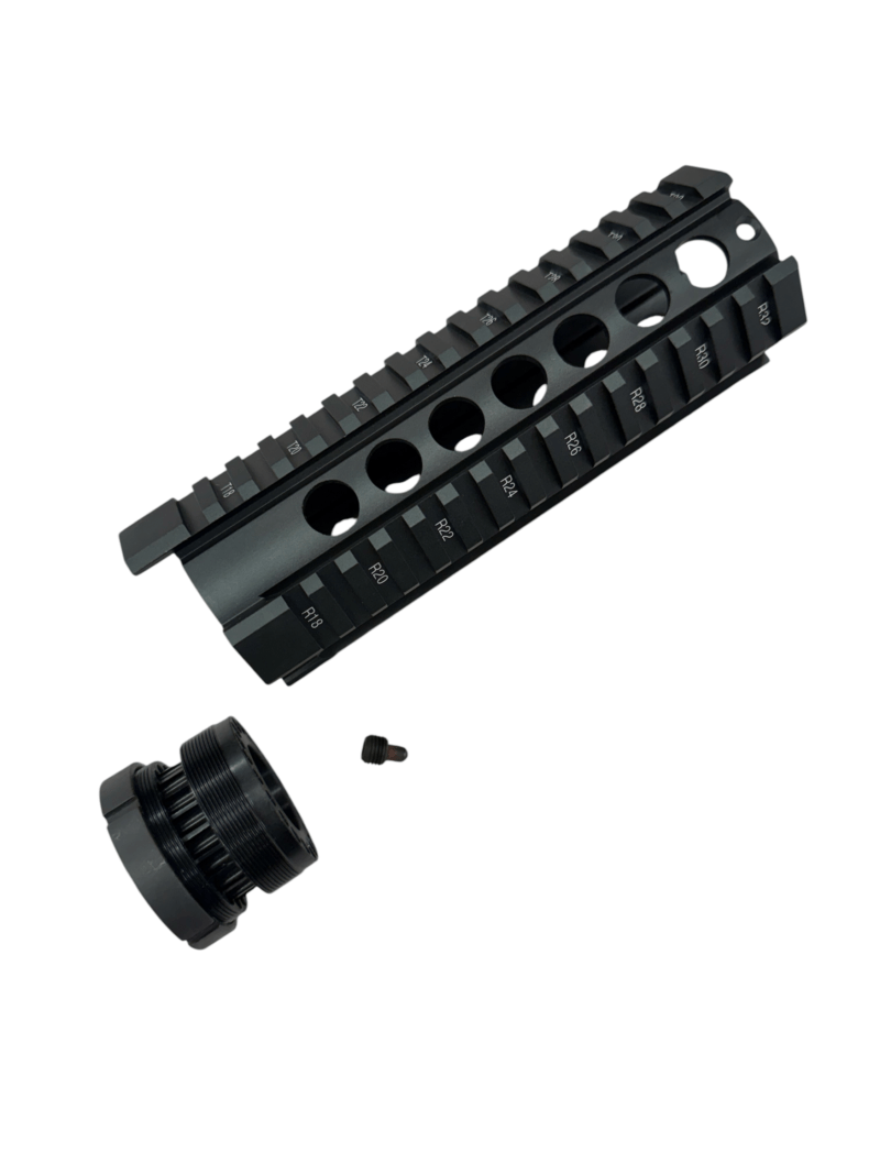 Black modular rifle handguard rail sections with evenly spaced Picatinny rails on top and sides and mounting holes. - 7-inch gen1 Aluminum Free Float Quad Rail | Mid State Firearms , Mid State Firearms