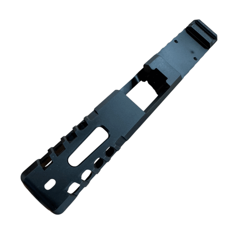 Black DLC Glock slide with RMR optic cut and front/rear serrations, angled top view - Black DLC RMR Cut Slide for Glock 19 Gen 3 – Window Ported, Optics Ready - Mid State Firearms , Mid State Firearms