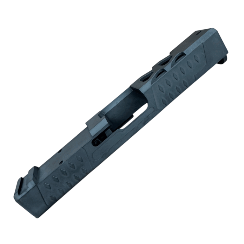 Close-up of RMR cut on Glock 19 slide with window cuts and matte gray PVD finish - Charcoal Gray RMR Cut Slide for Glock 19 Gen 3 – Window Ported, Optics Ready - Mid State Firearms , Mid State Firearms