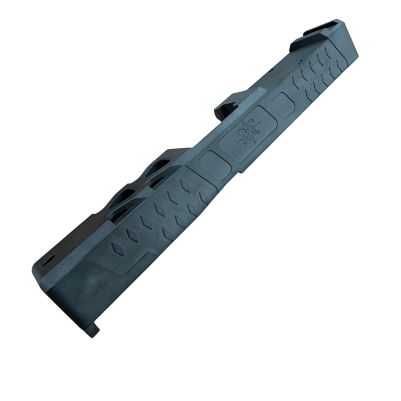 Charcoal gray PVD Glock slide for Gen 3 G19 with front and rear serrations, angled view - Charcoal Gray RMR Cut Slide for Glock 19 Gen 3 – Window Ported, Optics Ready - Mid State Firearms , Mid State Firearms
