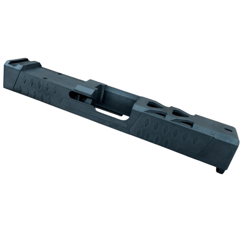 Optic-ready Glock 19 Gen 3 slide with RMR cut and aggressive porting, charcoal gray color - Charcoal Gray RMR Cut Slide for Glock 19 Gen 3 – Window Ported, Optics Ready - Mid State Firearms , Mid State Firearms