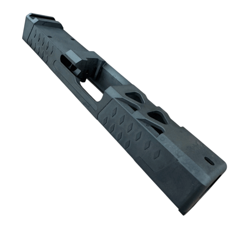 Glock 19 Gen 3 RMR cut slide with window ports in charcoal gray PVD finish, side view - Charcoal Gray RMR Cut Slide for Glock 19 Gen 3 – Window Ported, Optics Ready - Mid State Firearms , Mid State Firearms