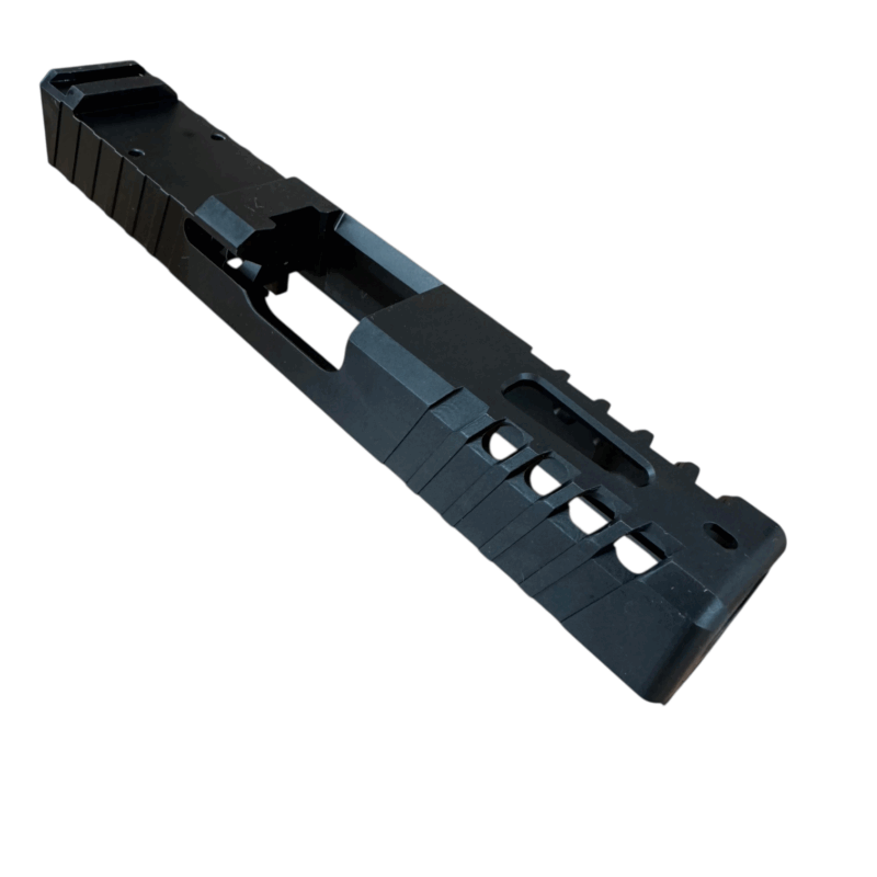Close-up of RMR cut on Glock 19 slide with tactical black DLC coating - Black DLC RMR Cut Slide for Glock 19 Gen 3 – Window Ported, Optics Ready - Mid State Firearms , Mid State Firearms