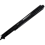 Close-up of a black, vented rifle handguard with rectangular cutouts and a rail section along a firearm barrel - 10.5″ .300 Blackout AR-15 Upper – Suppressor-Ready | 15″ M-LOK Handguard & Mock Suppressor - Mid State Firearms , Mid State Firearms