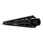 Close-up of a black rifle handguard with a lengthy Picatinny rail and round muzzle at the right, viewed at an angle. - 10.5″ .300 Blackout AR-15 Upper – Suppressor-Ready | 15″ M-LOK Handguard & Mock Suppressor - Mid State Firearms , Mid State Firearms