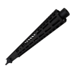 Diagonal close-up of a black ventilated rifle handguard with a front muzzle at the left, showing perforated slots and mounting holes - 10.5″ .300 Blackout AR-15 Upper – Suppressor-Ready | 15″ M-LOK Handguard & Mock Suppressor - Mid State Firearms , Mid State Firearms