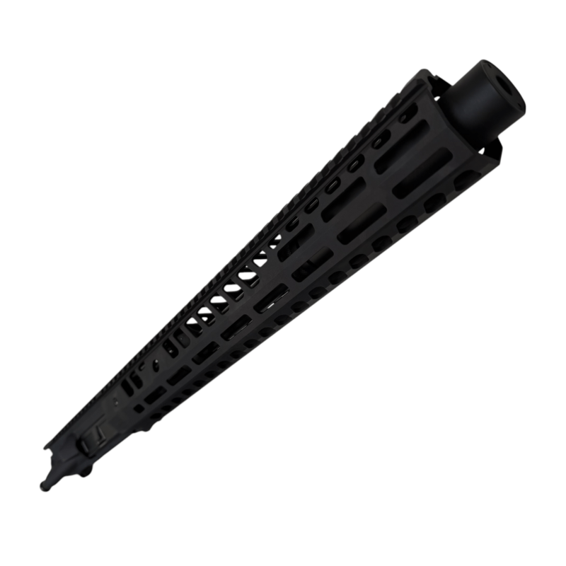 Diagonal close-up of a black ventilated rifle handguard with a front muzzle at the left, showing perforated slots and mounting holes - 10.5″ .300 Blackout AR-15 Upper – Suppressor-Ready | 15″ M-LOK Handguard & Mock Suppressor - Mid State Firearms , Mid State Firearms