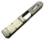 Close-up of a large knife blade with a textured tan-and-black handle and skeletonized grip, viewed diagonally. - Glock 19 Gen 5 RMR Cut Slide, Zigzag Serrations | Top Window , Mid State Firearms