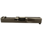 Metal pistol slide with serrated sides and ejection port, seen from the side. - Glock 19 Gen 3 RMR Slide | Black DLC - Matrix Drip Serrated , Mid State Firearms