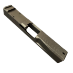 Close-up of a metallic pistol slide with milling marks and an ejection port (gun component). - Glock 19 Gen 3 RMR Slide | Black DLC - Matrix Drip Serrated , Mid State Firearms