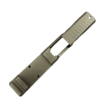 Close-up of a tan tactical knife blade with a large rectangular cutout and a ribbed spine pattern along the top edge. - Glock 19 Gen 3 RMR Slide | Black DLC - Matrix Drip Serrated , Mid State Firearms