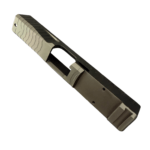 Close-up of a pistol slide with textured serrations and an ejection port - Glock 19 Gen 3 RMR Slide | Black DLC - Matrix Drip Serrated , Mid State Firearms
