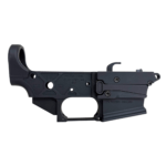 Partial close-up of a black polymer rifle lower receiver with grip and trigger guard, showing_embossed markings like 'MATRIX ARMS' and 'USA' on the side. - Matrix Arms Elite Gen2 AR9 Stripped LRBHO Lower | Glock Mag , Mid State Firearms