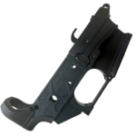 Close-up of a black AR-style lower receiver with folding stock hinge. - Matrix Arms Elite Gen2 AR9 Stripped LRBHO Lower | Glock Mag , Mid State Firearms