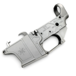 Disassembled AR-style rifle lower receiver laid on a white background, showing internal components and firearm markings on metal surface. - Matrix Arms Elite Gen2 AR9 Stripped LRBHO Lower | Glock Mag , Mid State Firearms