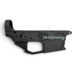 Partial side view of a black firearm lower receiver showing the trigger guard and grip area - New Frontier Armory C-9 AR9 9mm Lower | Glock Mag Compatible , Mid State Firearms