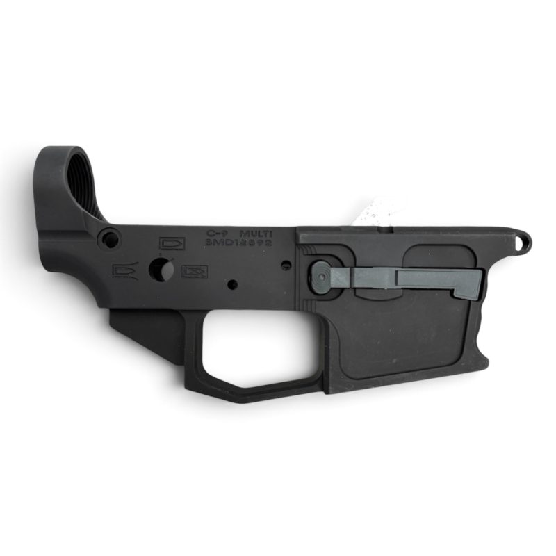 Partial side view of a black firearm lower receiver showing the trigger guard and grip area - New Frontier Armory C-9 AR9 9mm Lower | Glock Mag Compatible , Mid State Firearms