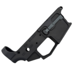 Close-up of a black firearm component with textured levers and engraved markings, viewed diagonally across a white background. - New Frontier Armory C-9 AR9 9mm Lower | Glock Mag Compatible , Mid State Firearms