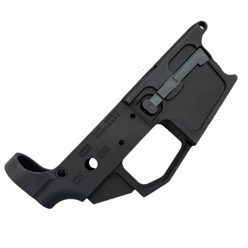 Close-up of a black firearm component with textured levers and engraved markings, viewed diagonally across a white background. - New Frontier Armory C-9 AR9 9mm Lower | Glock Mag Compatible , Mid State Firearms