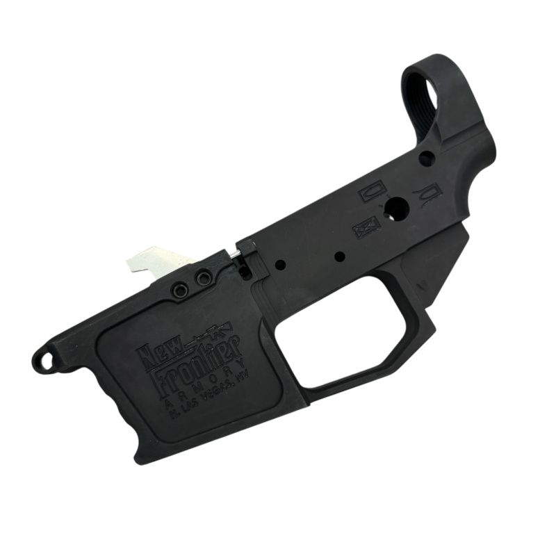 Close-up of a black firearm lower receiver with grip and trigger guard, showing 'New Frontier Armory' engraving at Las Vegas, NV. - New Frontier Armory C-9 AR9 9mm Lower | Glock Mag Compatible , Mid State Firearms