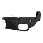 Partial side view of a black rifle lower/receiver with engraved text 'New Frontier Armory' and visible grip area. - New Frontier Armory C-9 AR9 9mm Lower | Glock Mag Compatible , Mid State Firearms