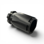 Close-up of a dark metal cylindrical milling cutter or tool holder with fluted sections and a hollow end, photographed at an angle for a technical context - OTX CASTLE BLAST SHIELD Concussion Device - Mid State Firearms , Mid State Firearms