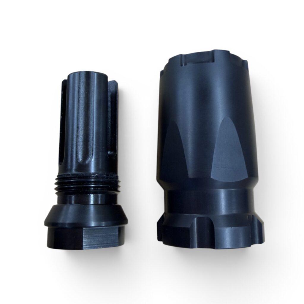 Two black drill bit/adapter tips placed side by side on a white background, one with a threaded base and grooves, the other with a broader conical end. - OTX Castle Blast Shields Are Back in Stock at Mid State Firearms , Mid State Firearms