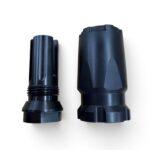 Two black drill bit/adapter tips placed side by side on a white background, one with a threaded base and grooves, the other with a broader conical end. - OTX CASTLE BLAST SHIELD Concussion Device - Mid State Firearms , Mid State Firearms