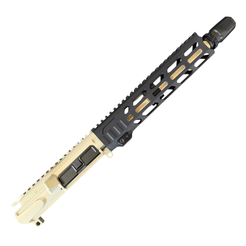 Close-up of a firearm upper receiver and handguard with a long Picatinny rail, tan and black, angled diagonally across the frame - Clear/Black/Tan MixMatch 300 Blackout Ar15 Upper with Rg2 MLok Rail - Mid State Firearms , Mid State Firearms