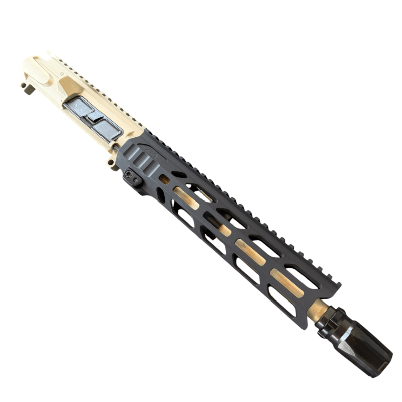 Beige rifle upper with a long Picatinny rail and black handguard. - Clear/Black/Tan MixMatch 300 Blackout Ar15 Upper with Rg2 MLok Rail - Mid State Firearms , Mid State Firearms
