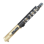 Close-up of a tan-colored rifle upper receiver and black free-floating handguard with a Picatinny rail along a diagonal axis. - Clear/Black/Tan MixMatch 300 Blackout Ar15 Upper with Rg2 MLok Rail - Mid State Firearms , Mid State Firearms
