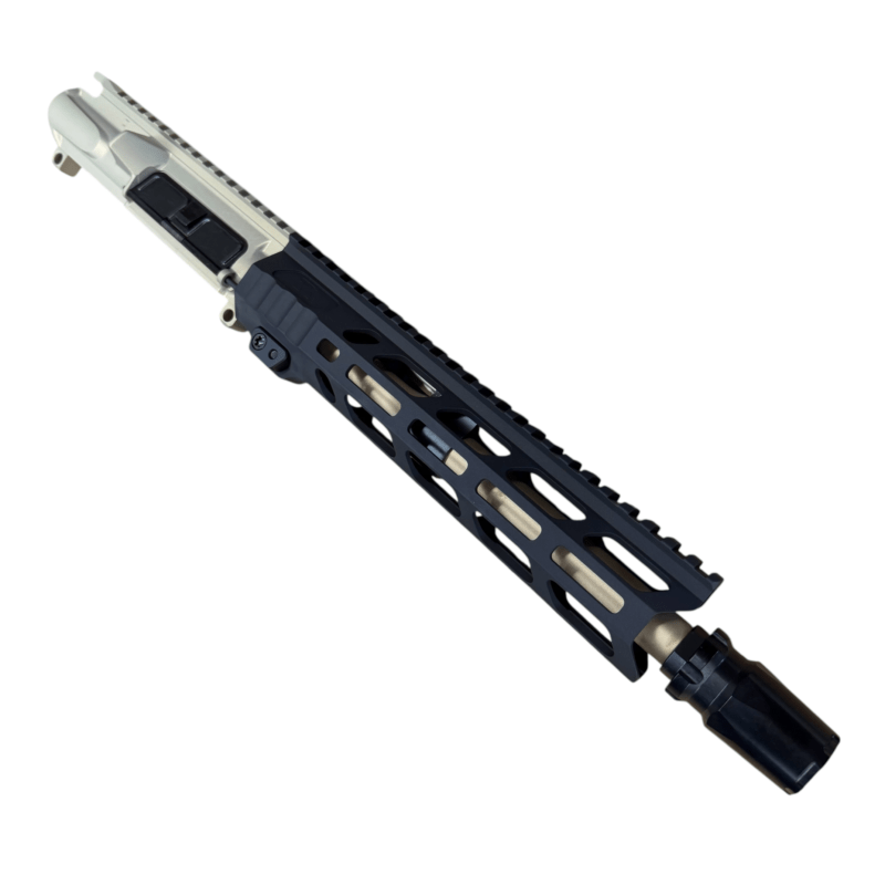 Close-up of a rifle upper receiver with a long Picatinny rail along a black handguard, shown diagonally. - Clear/Black/Tan MixMatch 300 Blackout Ar15 Upper with Rg2 MLok Rail - Mid State Firearms , Mid State Firearms