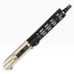 Close-up of a black and tan modular rifle handguard with rail slots along an AR-style upper receiver head-to-tail diagonal in the image orientation. - MSF Clear/FDE/Black 10.5 223 Wylde Rugged Mlok Ar15 Upper , Mid State Firearms