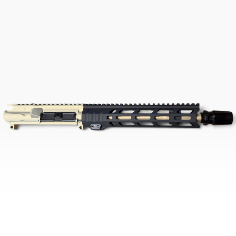 AR-15–style upper receiver with a long, ventilated black handguard and tan muzzle area on a white background - MSF Clear/FDE/Black 10.5 223 Wylde Rugged Mlok Ar15 Upper , Mid State Firearms