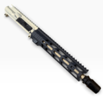 Close-up of an AR-style rifle upper receiver and long, black free-float handguard with a Picatinny rail. - MSF Clear/FDE/Black 10.5 223 Wylde Rugged Mlok Ar15 Upper , Mid State Firearms