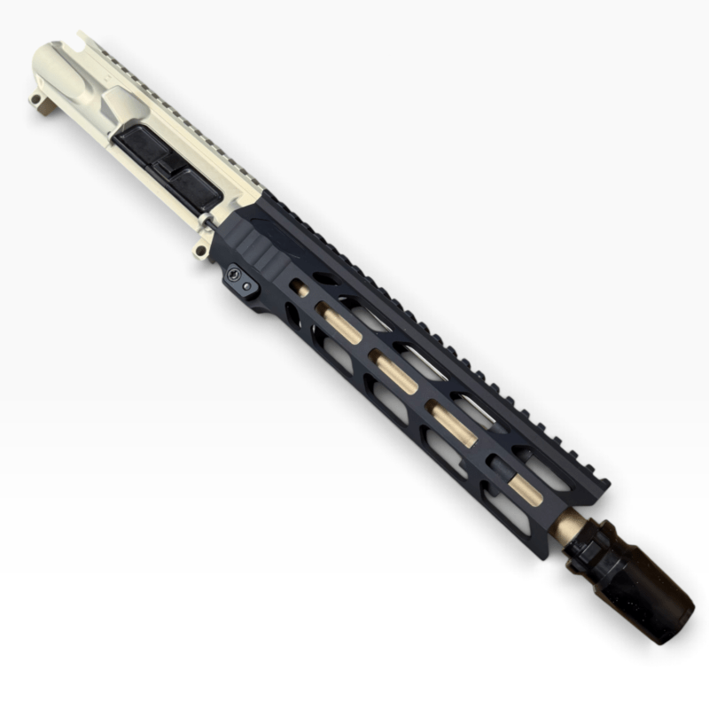 Close-up of an AR-style rifle upper receiver and long, black free-float handguard with a Picatinny rail. - MSF Clear/FDE/Black 10.5 223 Wylde Rugged Mlok Ar15 Upper , Mid State Firearms
