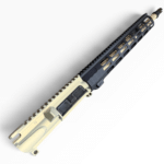 Close-up of a tan and black AR-style rifle upper with a long ventilated handguard and muzzle at the far end. - MSF Black/Fde MixMatch 16″ .223 Wylde Complete AR-15 Upper – 416R SS, FDE PVD, RG2-S M-LOK - Mid State Firearms , Mid State Firearms