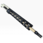 Close-up of a black, open-vented rifle handguard over a tan barrel, shown diagonally against a white background. - MSF Black/Fde MixMatch 16″ .223 Wylde Complete AR-15 Upper – 416R SS, FDE PVD, RG2-S M-LOK - Mid State Firearms , Mid State Firearms
