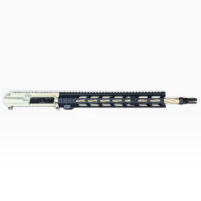 Side view of an AR-15 style upper receiver with a long free-float handguard and exposed barrel - MSF Black/Fde MixMatch 16″ .223 Wylde Complete AR-15 Upper – 416R SS, FDE PVD, RG2-S M-LOK - Mid State Firearms , Mid State Firearms