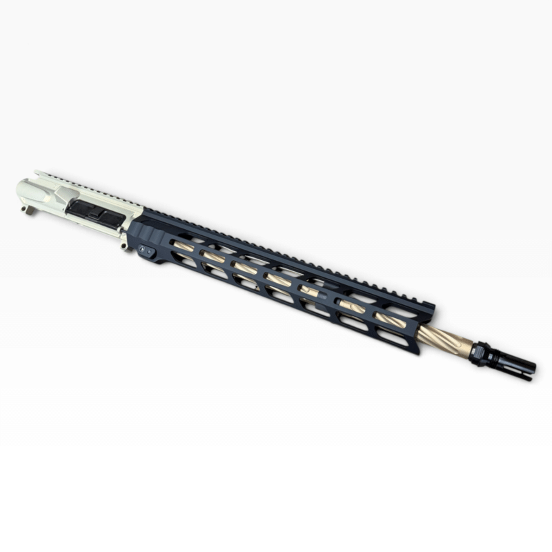 Close-up of an AR-style rifle upper receiver and long, vented handguard with a tan barrel. - MSF Black/Fde MixMatch 16″ .223 Wylde Complete AR-15 Upper – 416R SS, FDE PVD, RG2-S M-LOK - Mid State Firearms , Mid State Firearms