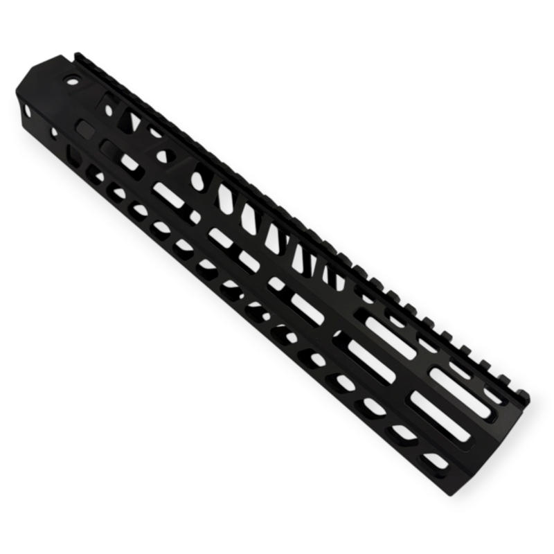 Black rail segment with multiple rectangular slots for mounting accessories on a firearm (Picatinny/M-LOK style). - 12″ Large ID M-LOK Ar15 Handguard – 1.75″ Inner Diameter, Black Anodized - Mid State Firearms , Mid State Firearms